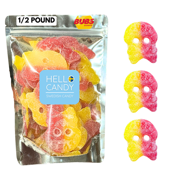 HELLO CANDY Swedish BUBS GIANT SOUR SKULLS Candy, 0.5 lb Bag – Soft Fruit Chews, Scandinavian Sweets for Kids & Adults