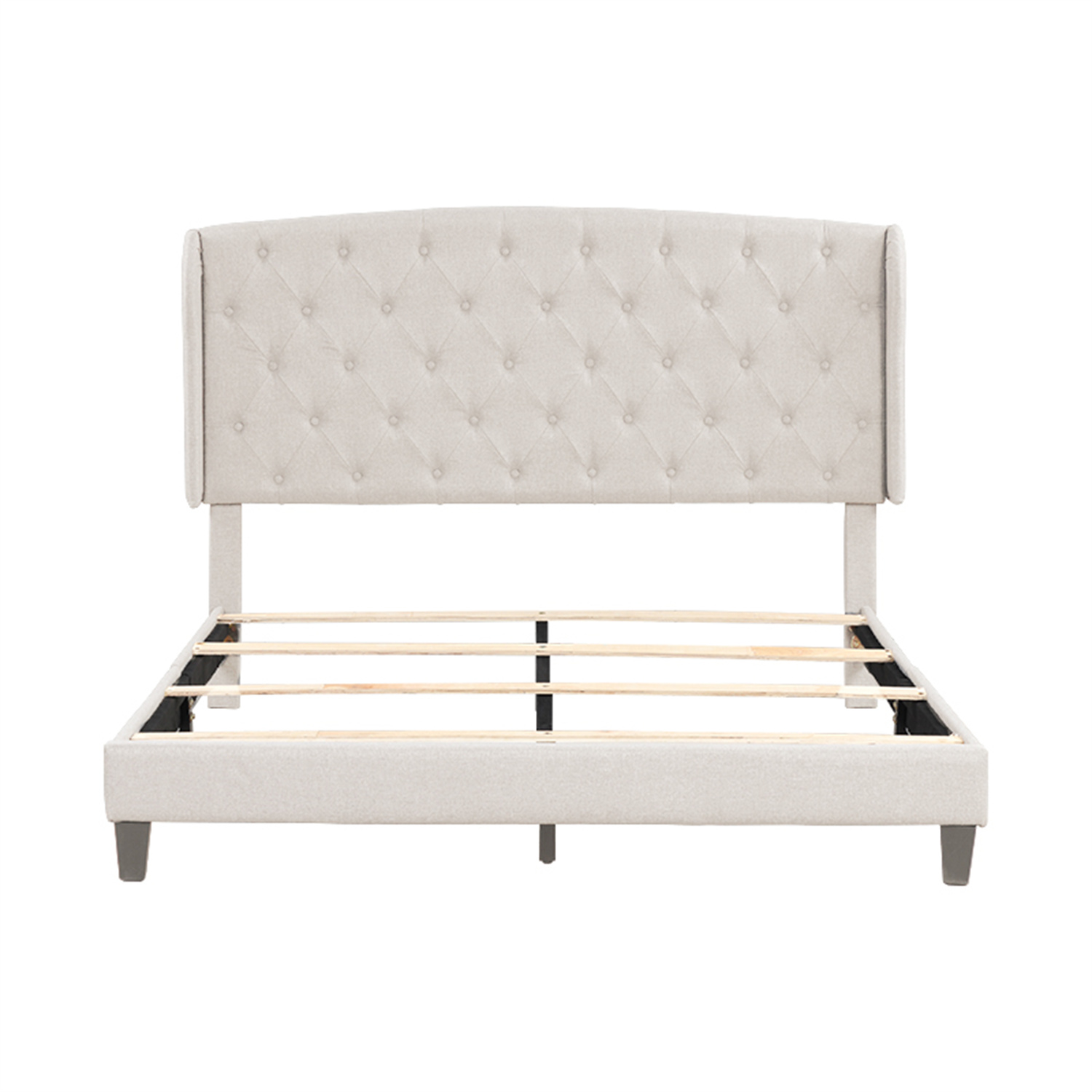 Kepooman Queen Size Bed Frame, Faux Leather Upholstered Button Tufted Low Profile Platform Bed Frame with Wingback Headboard for Bedroom, No Box Spring Needed, Easy Assembly, Beige Kepooman Queen Size Bed Frame, Faux Leather Upholstered Button Tufted Low Profile Platform Bed Frame with Wingback Headboard for Bedroom, No Box Spring Needed, Easy Assembly, Beige