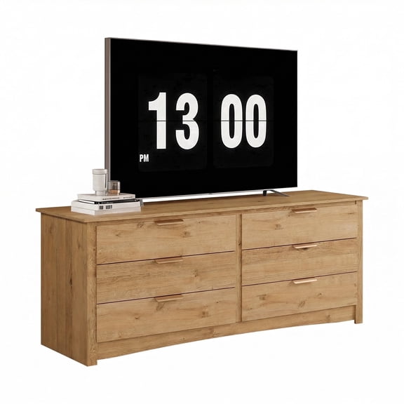 edx 59in Wood Dresser 6 Drawer, Brown Storage Cabinet, Vintage Dresser, Chest of Drawers for Bedroom and Living Room, Wood