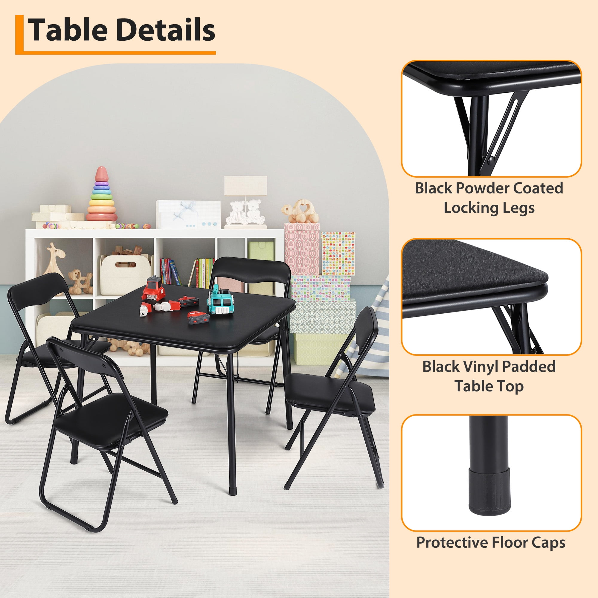 Black 5-Piece Kids Folding Table and Chair Set - Upholstered Metal Frame Activity Table Set for Eating, Reading & Playing