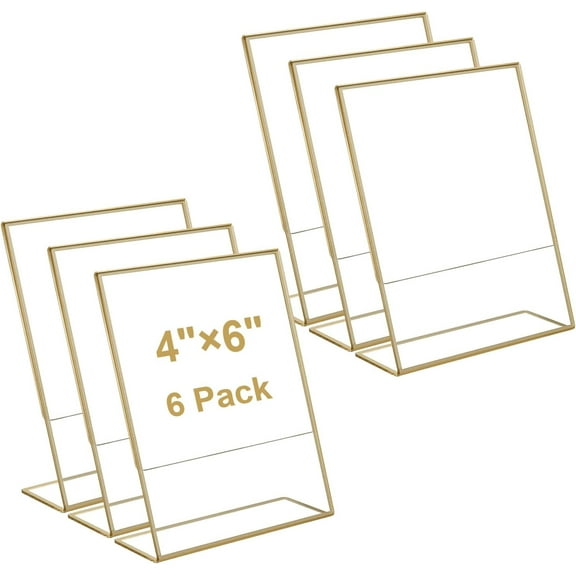 ITSELFER 6pcs Acrylic Sign Holder L Shape Double Sided Clear Table Top Sign Gold Frame Plastic Display Stands For Wedding Table Number Restaurant Photos Office 10.2x15.2cm A