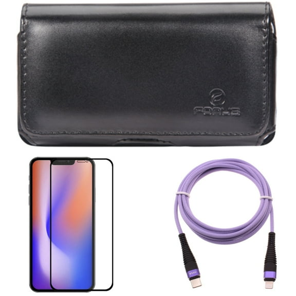 Purple 10ft PD Cable & Case Belt Clip & Screen Protector for iPhone 13/Pro - Combo with USB-C Extra Long Cord Fast Charger & Leather Swivel Holster & Anti-Glare Tempered Glass Matte