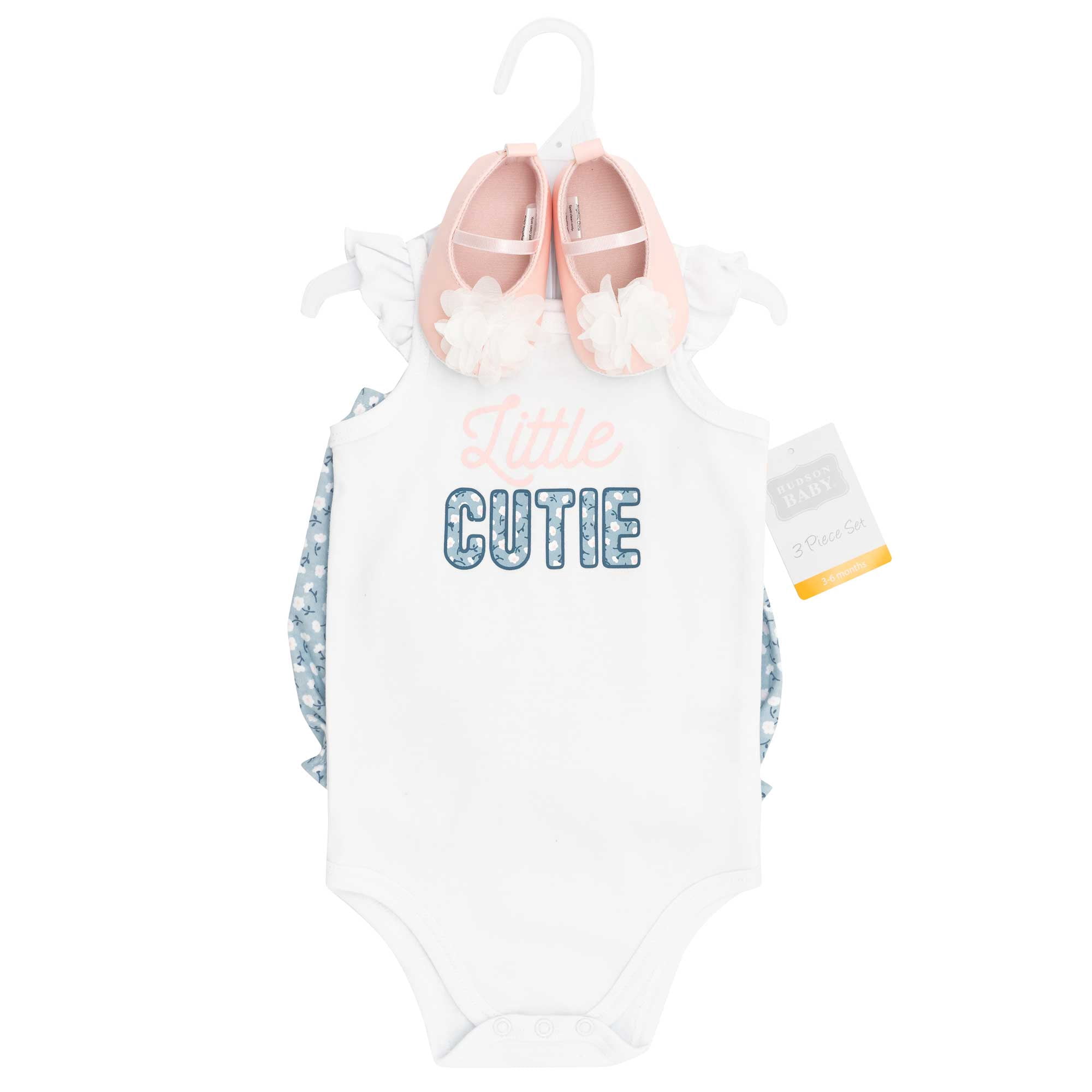 Hudson Baby Girl Cotton Bodysuit, Shorts and Shoe Set, Blue Ditsy Cutie, 6-9 Months