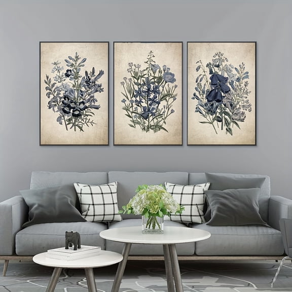 3pcs Large Framed Vintage Morning Glory Floral Wall Art - Navy Blue Botanical Canvas Prints with Rustic Wood Frames, Vertical Hanging Decor for Living Room, Bedroom, Office, Kitchen & Bathroom, Room