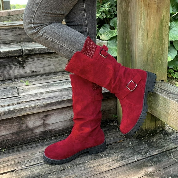 Wowcloth Women's Fashion Casual Winter Boots – Solid Color Buckle Closure Round Toe with Chunky Mid Heel for Stylish Cold-Weather Footwear