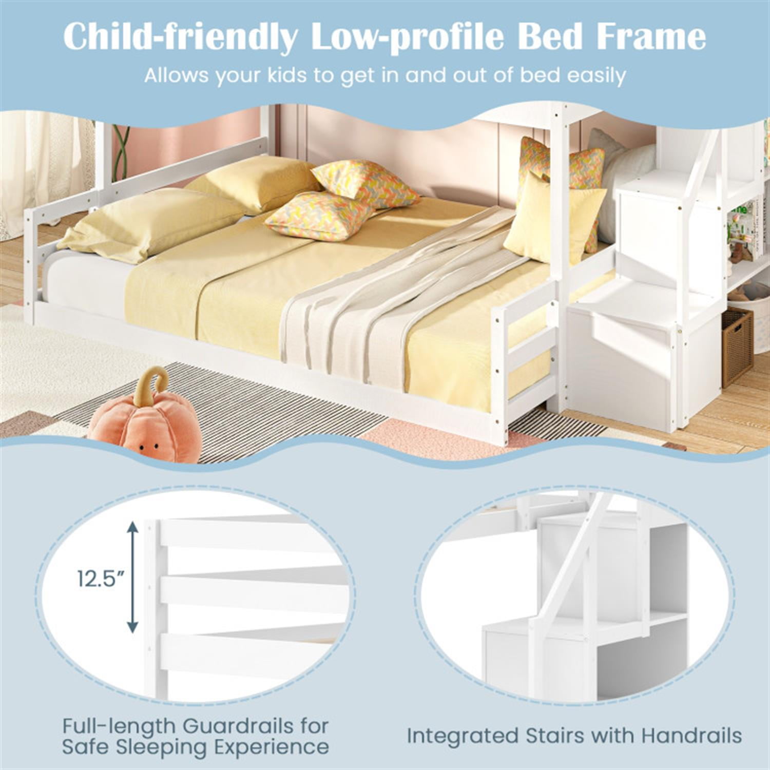 Demi Bonn Twin Over Full Bunk Bed with Safety Rail and Storage Stairs, Twin Bunk Beds, Space-saving Solid Wood Bed Frame, White