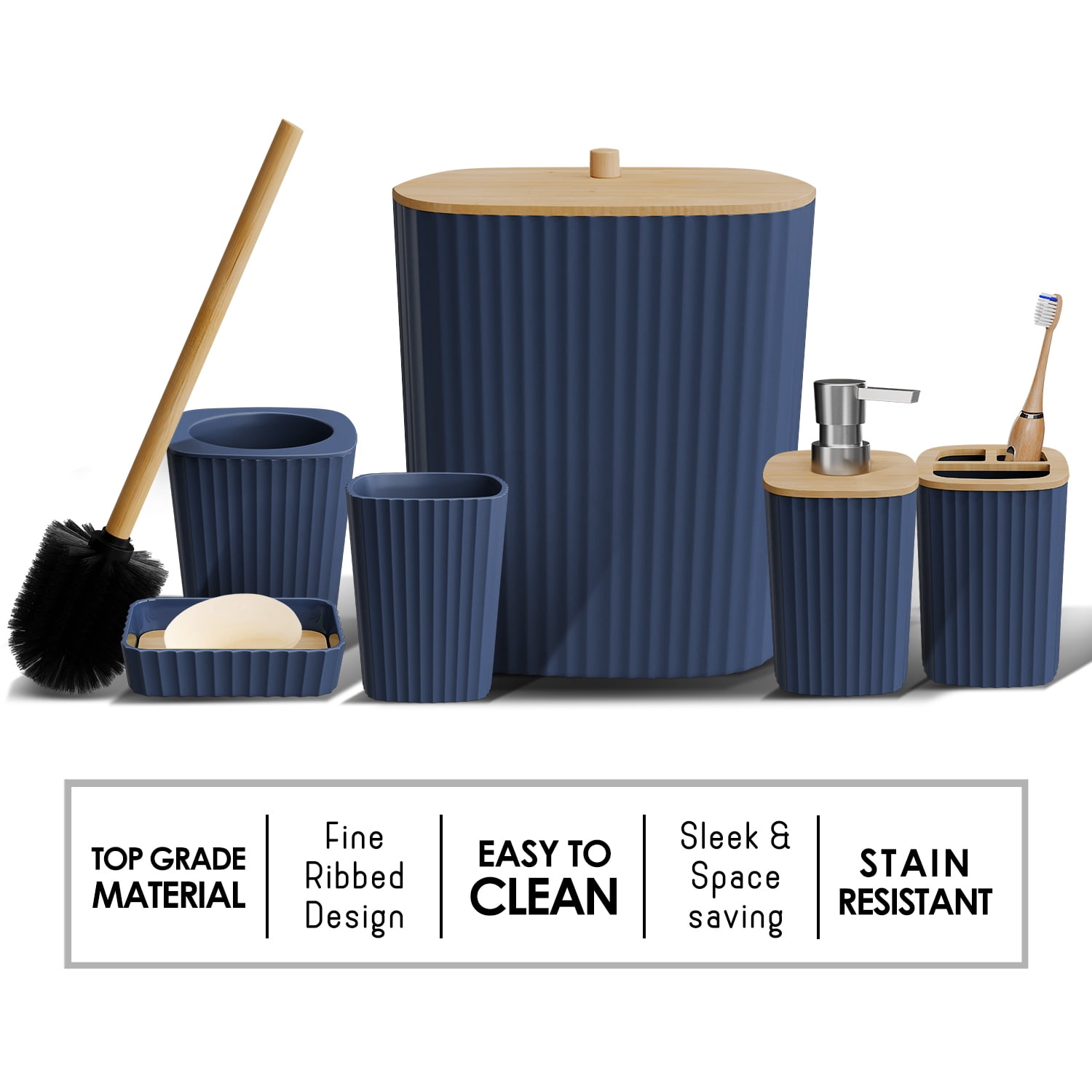Hearth & Harbor 6 Piece Bamboo Bathroom Sets, Navy Blue Bathroom Accessories Set for Minimalistic Bathroom Décor