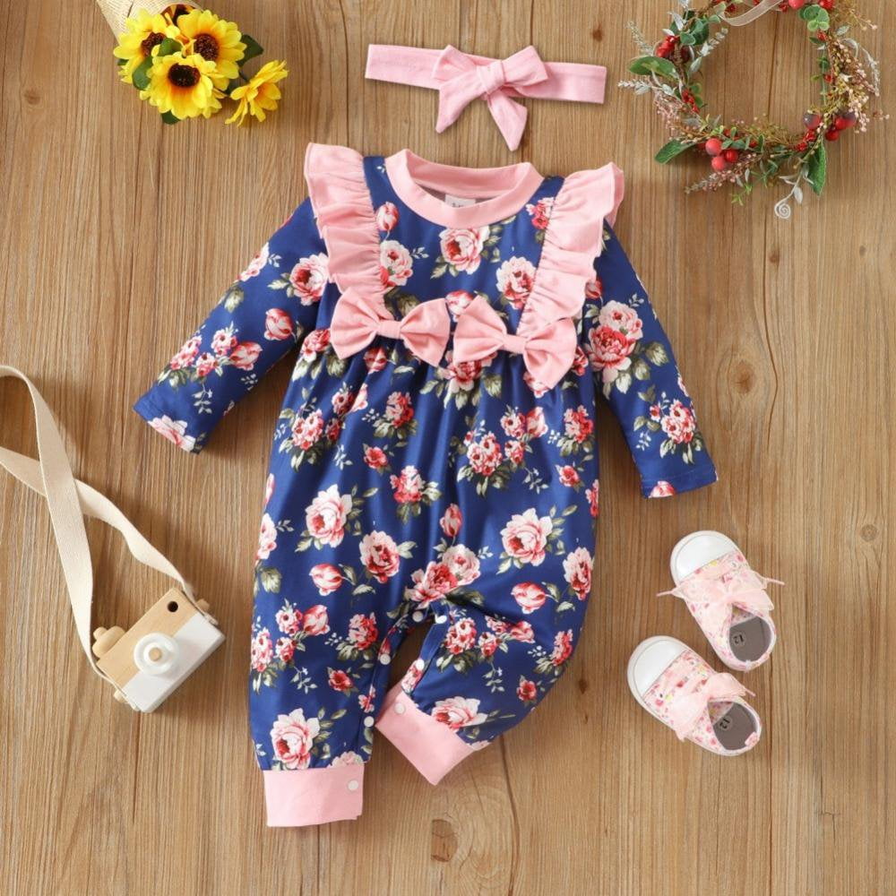 Springborn Baby Girl Rompers Lace Bow Floral Long Sleeves Jumpsuit Baby Girls Clothes Casual Romper 0 18M