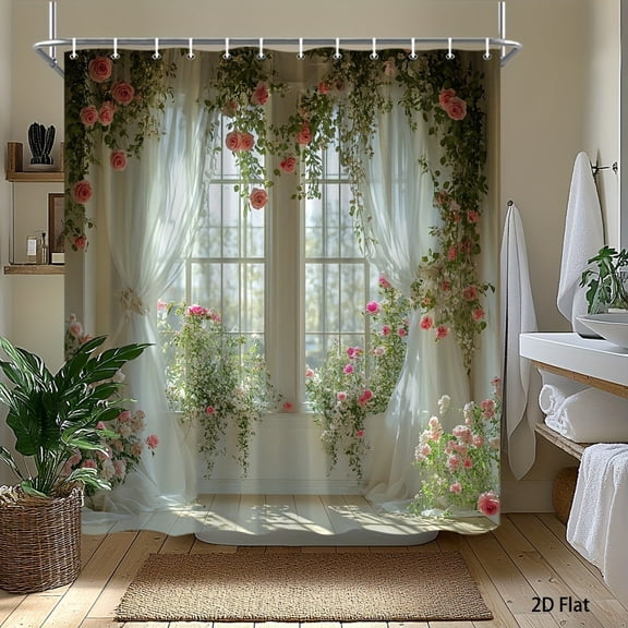 White Window Sheer Curtain Hanging Pink Rose Vine Floral Print Waterproof Fabric Shower Curtain With Hooks Romantic Cottage Bathroom Decor