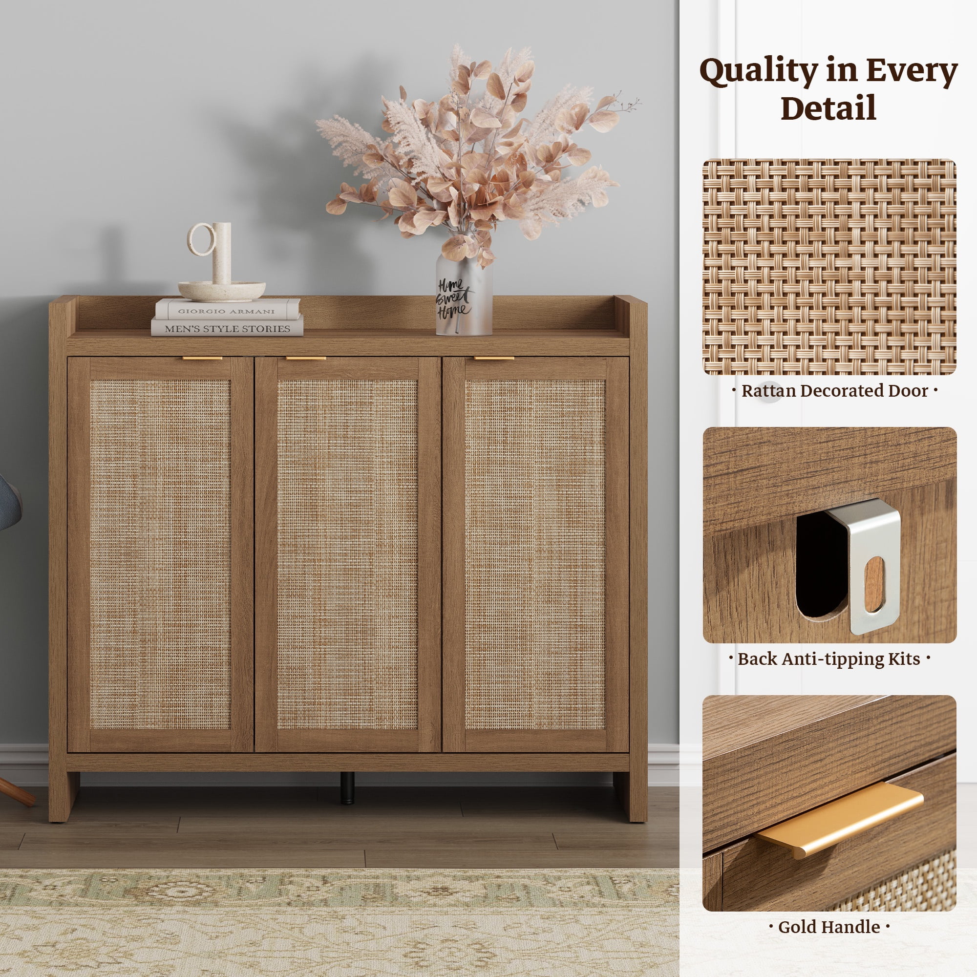 SICOTAS 7 Tier Shoe Storage Cabinet for Entryway, 30 Pairs Rattan Shoe Rack Cabinet with Doors & Adjustable Shelves, Freestanding Boho Shoe Organizer Cabinet for Hallway, Oak
