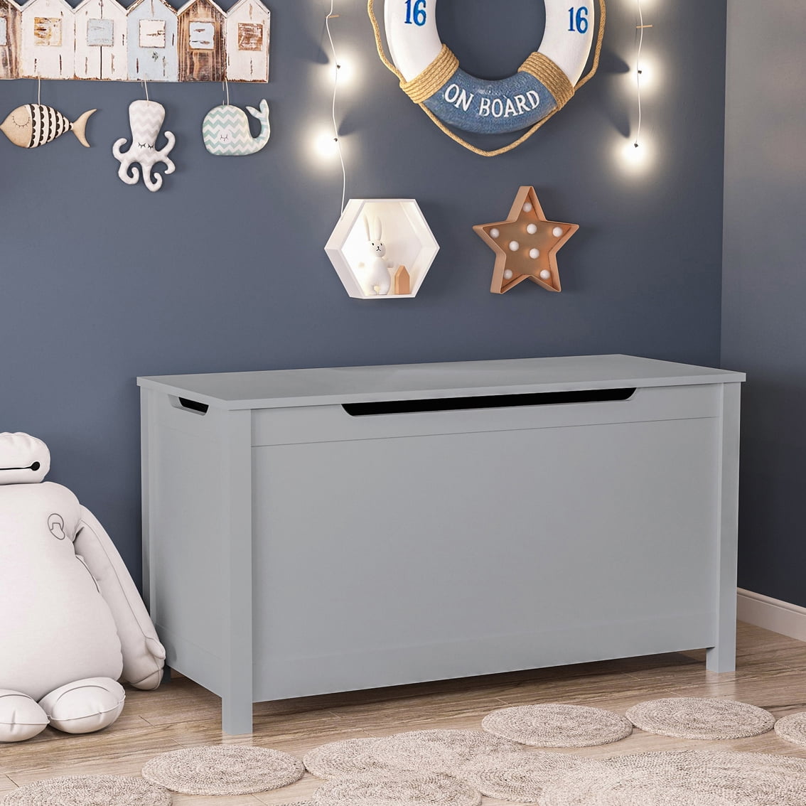 Wooden Toy Chest, Toy Storage Box with Safety Hinged Lid Kids Storage Organizer Bench for Living Room Bedroom and Toddler Room, Gray