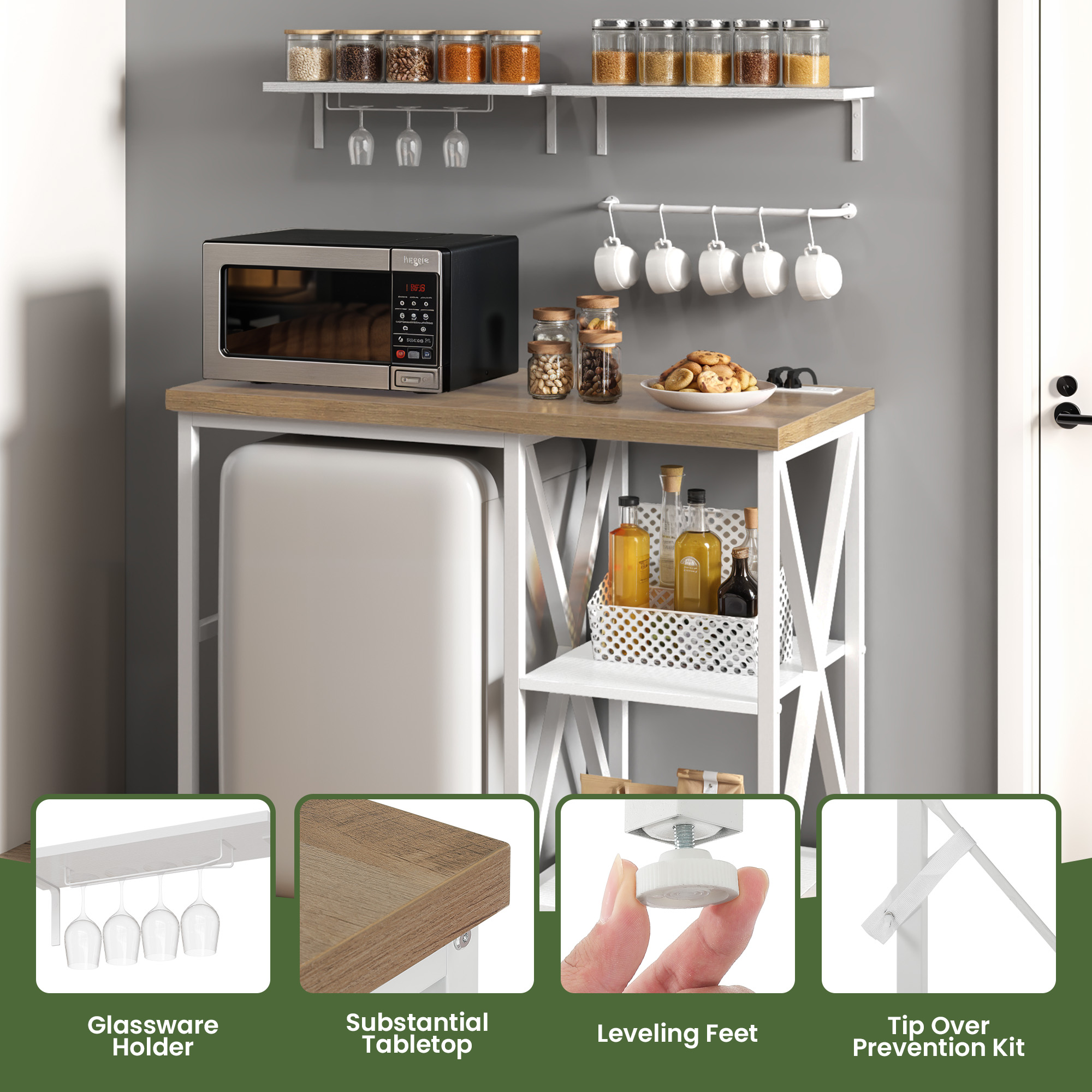Uforic Kitchen Bakers Rack with Power Outlets & Wall Mount Storage Shelves, White