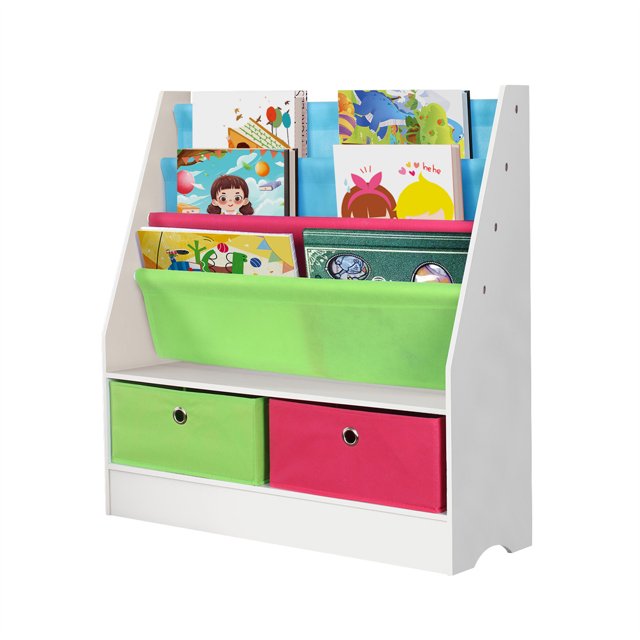 Kid’s Bin Storage and Bookcase Children Book Rack with Fabric and Box