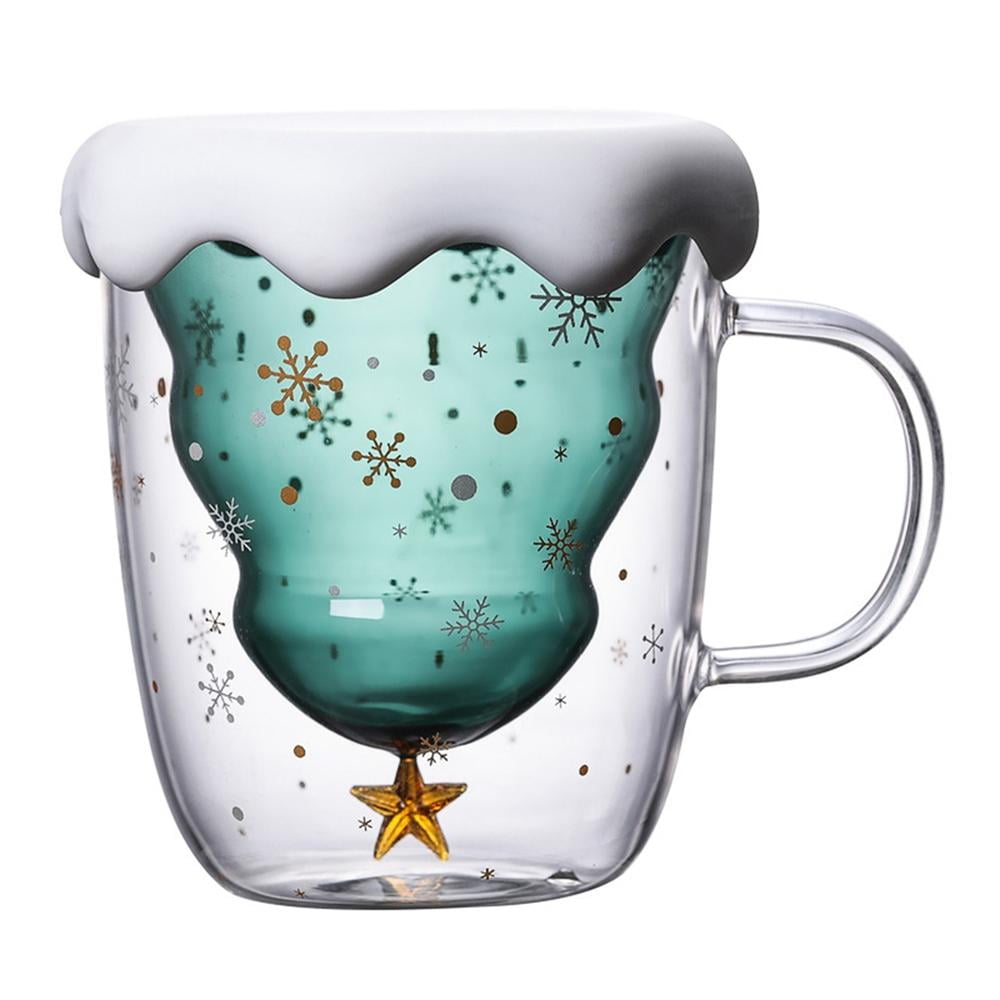 Christamas Tree Glass Cup Double Walled Glass Snowflake Insulated Coffee Mugs YU 