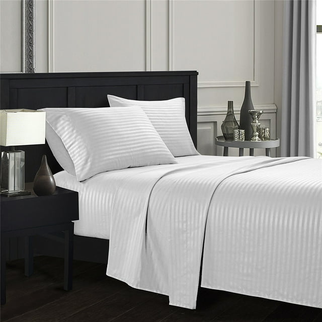 YYAO King Size Luxurious Striped Sheet Set for Home Hotel, 4 Piece, White
