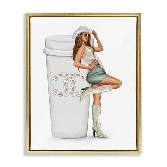 Stupell Industries Southwestern Glam Cowgirl Fashion Coffee Cup Gold Floating Frame Canvas Art, 17 x 21, by Ziwei Li