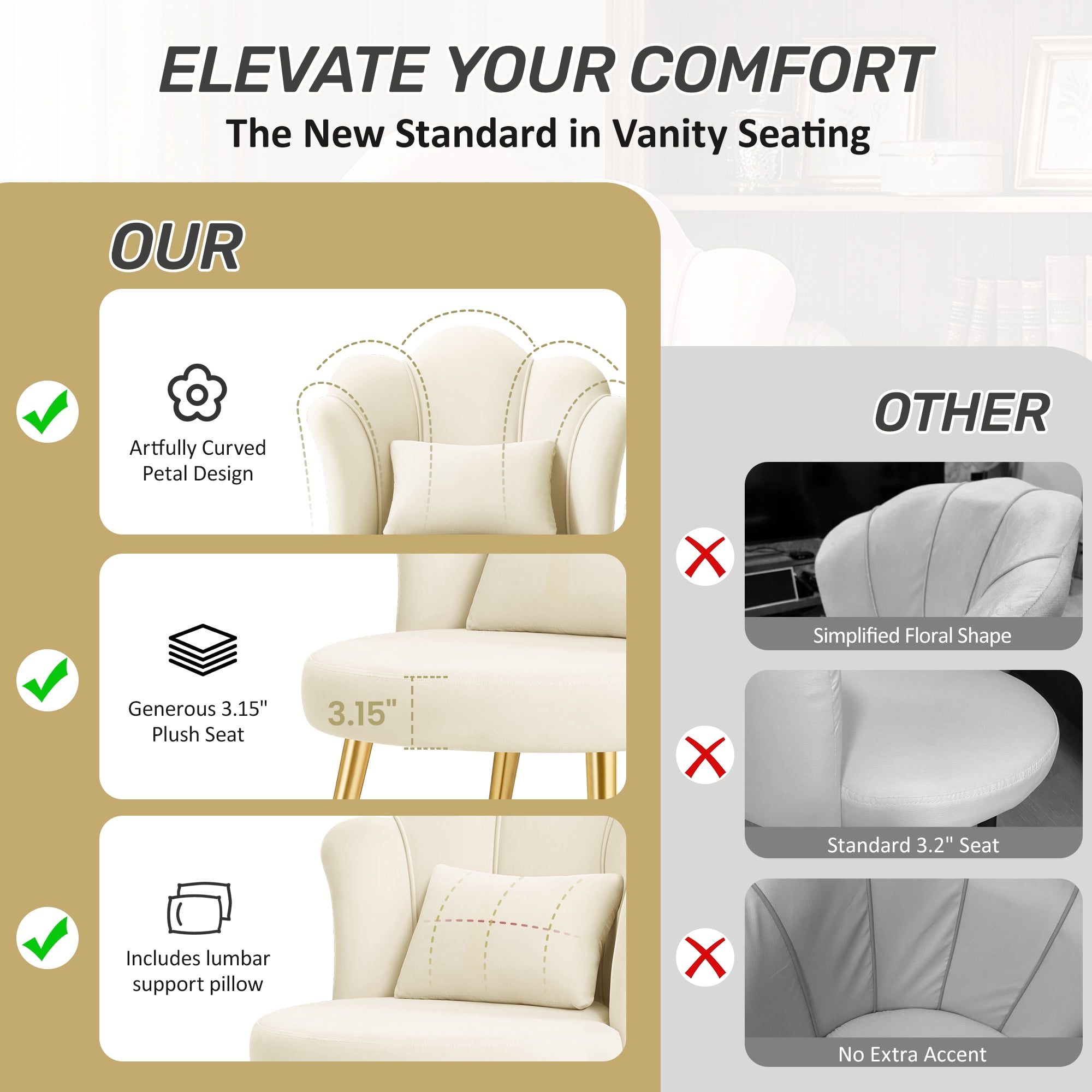 COOLHUT Petal Velvet Vanity Chair, Flower Cute Girls Mack Up Vanity Stool Chair with Lumber Pillow and Adustable Gold Legs, Upholstered Small Desk Chair for Living Room Bedroom Home Office, Beige