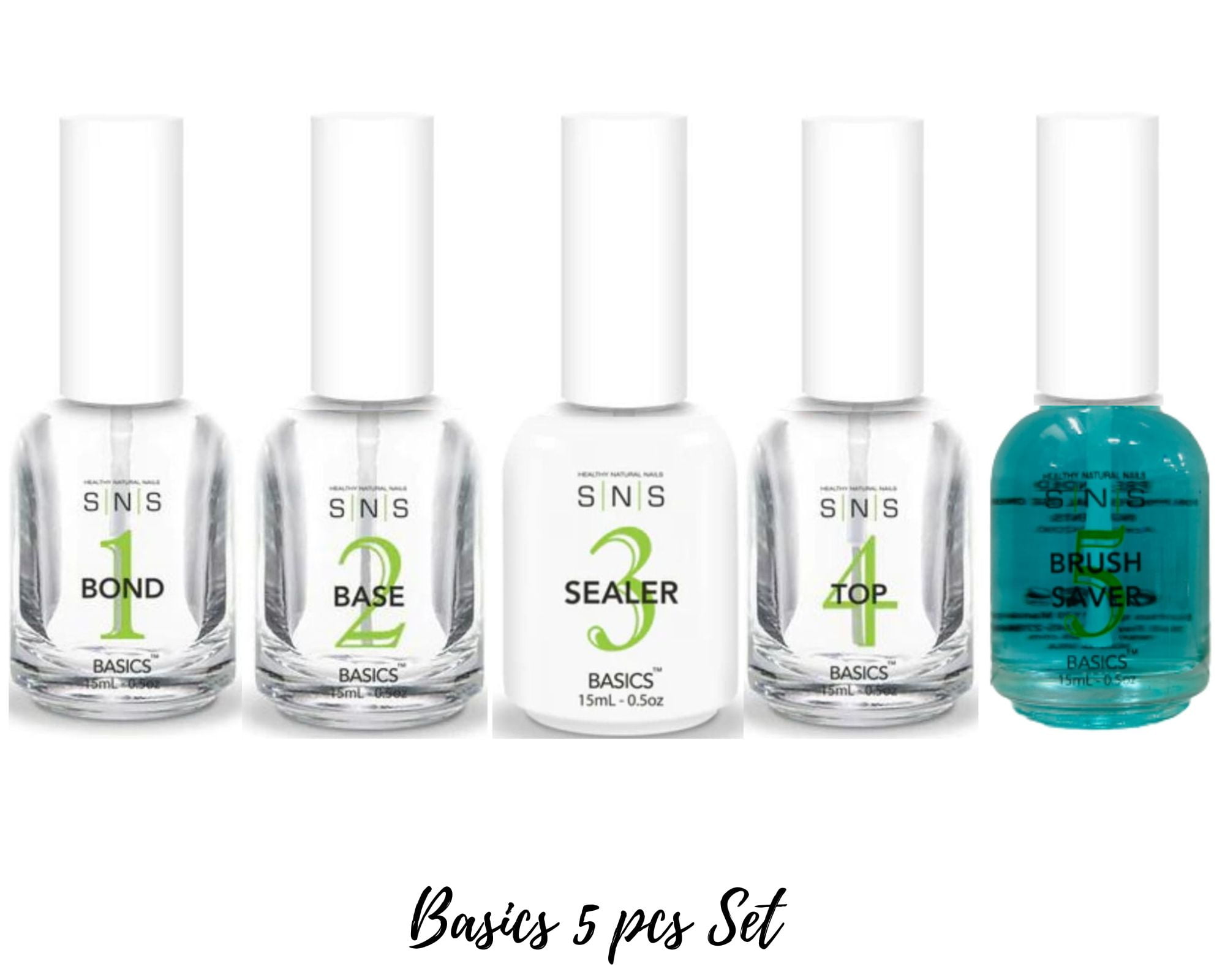 SNS Bases&Sealers - Basics 5 pcs Set - #1 E A Bond, #2 Base Coat , #3 Sealer Dry, #4 Top Coat, # 5 Brush Saver ( 0.5 each )