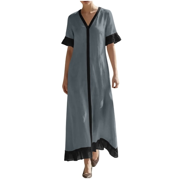 GUACER V-Neck Maxi Dress for Women Cotton Linen Casual Short Sleeve Contrast Trim Boho Long Dresses with Ruffle Hem