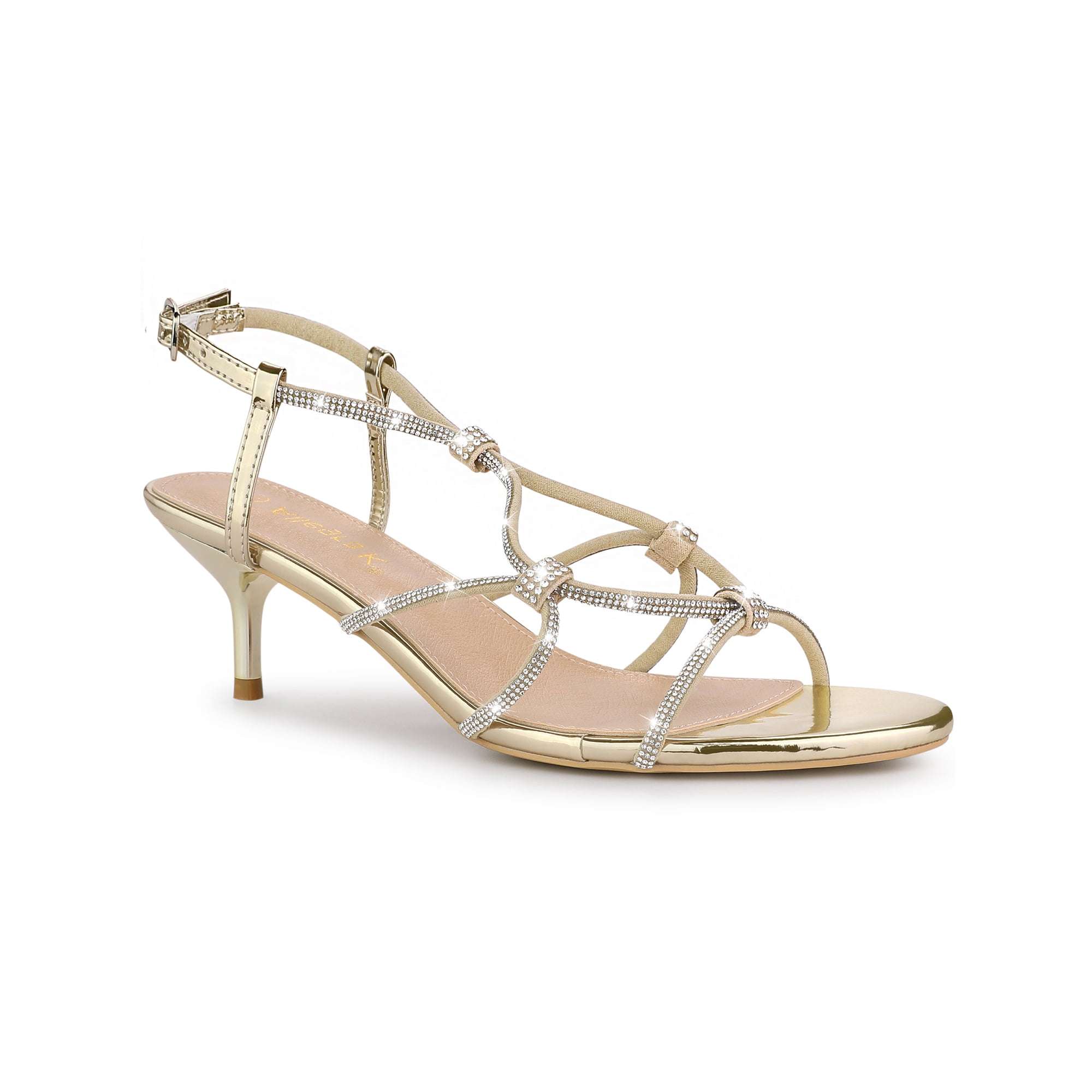 Unique Bargains Women s Rhinestone Strappy Slingback Kitten Heel Sandals Gold Size 6.5 Walmart