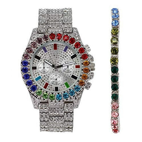 Timepiece Got Colors That Ain't Even on The Rainbow! Flawless Multi Color Big Diamond Ice Rollie w/Matching Rainbow Tennis Bracelet - ST10327LA (ST10327CO LA Rainbow Silver)
