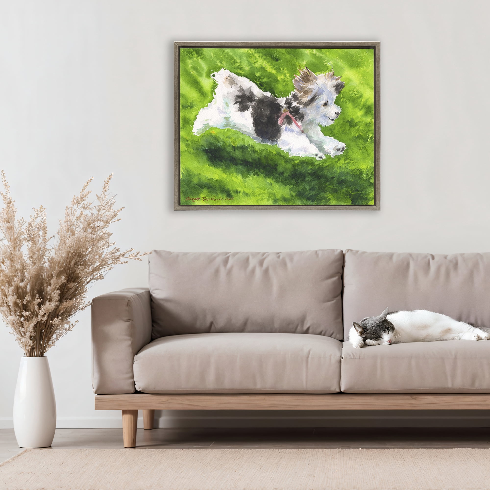 Stupell Industries Happy Maltipoo Running Brown Framed Floater Canvas Wall Art, design by George Dyachenko