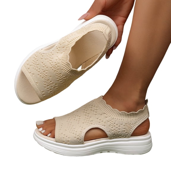 Rokment Womens Athletic Orthopedic Walking Sandals Lightweight Comfortable Mesh Knit Wedge Slingback Slip on Gladiator Shoes Summer Breathable Sneakers Beige Size 6