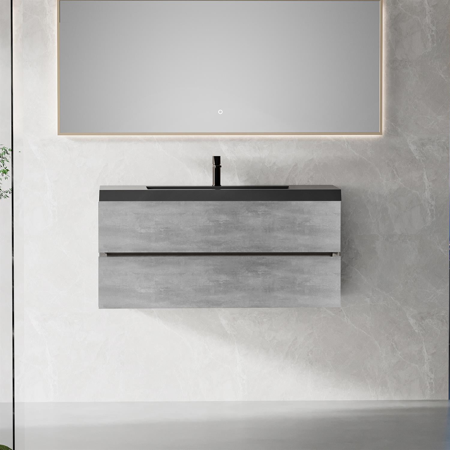 Demi Bonn 47" Floating Bathroom Vanity with Sink, Black Quartz Sand Top Basin and 2 Soft Close Drawers, Faucets and Drains Not Included, Gray