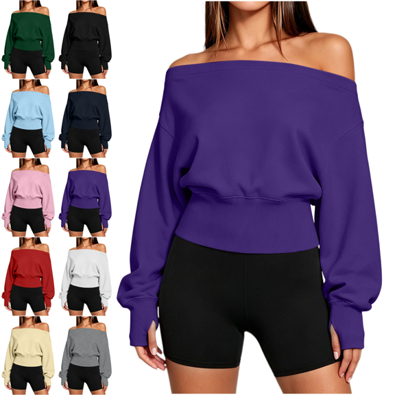 cocolona Off Shoulder Cropped Sweatshirts for Women Solid Color Long Sleeve Casual Shirts Sporty Trendy Fall Outfits