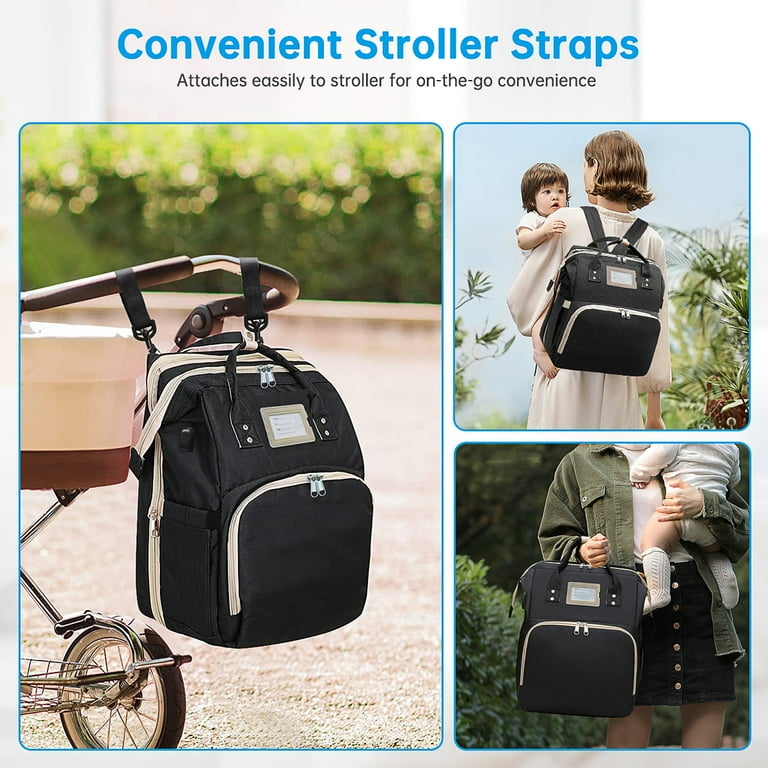 Convertible Diaper Bag Backpack with Foldable Crib Waterproof USB Port Stroller Strap Black Walmart