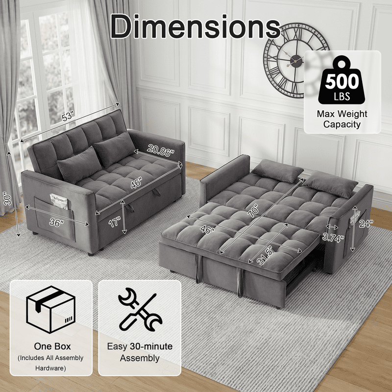 Gewnee 53 inch Convertible Sleeper Sofa Bed,Pull Out Loveseat Couch with Storage Pocket for Living Room,Apartment,Black02