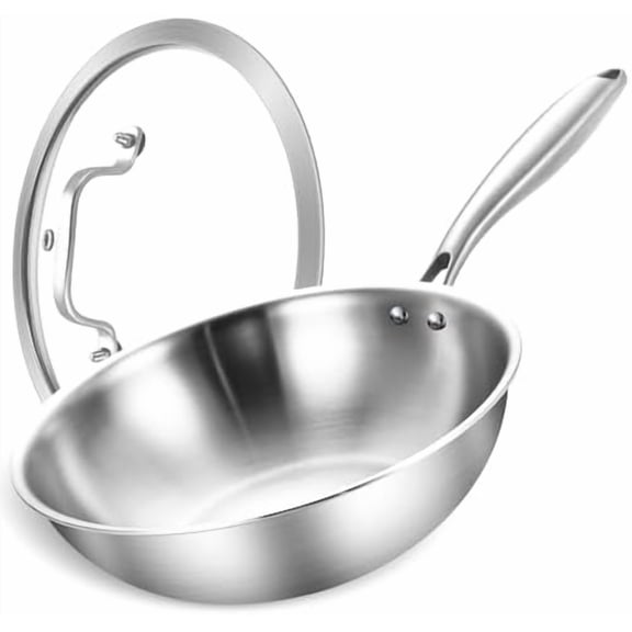 10 Inch Tri-ply Stainless Steel Wok Pan with Lid,Dia.26 CM Stir-Frying Pan,Induction Cooking Pot,Heavy Duty,Dishwasher and Oven Safe,Riveted Handle.