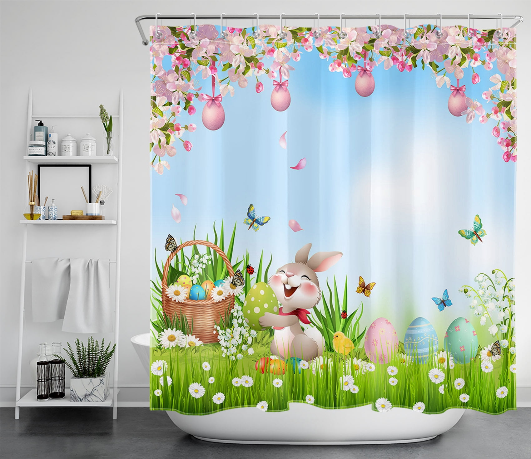 Details about   Cartoon Style Easter Rabbit Daisy Flowers Shower Curtain Set Bathroom Decor 72" 