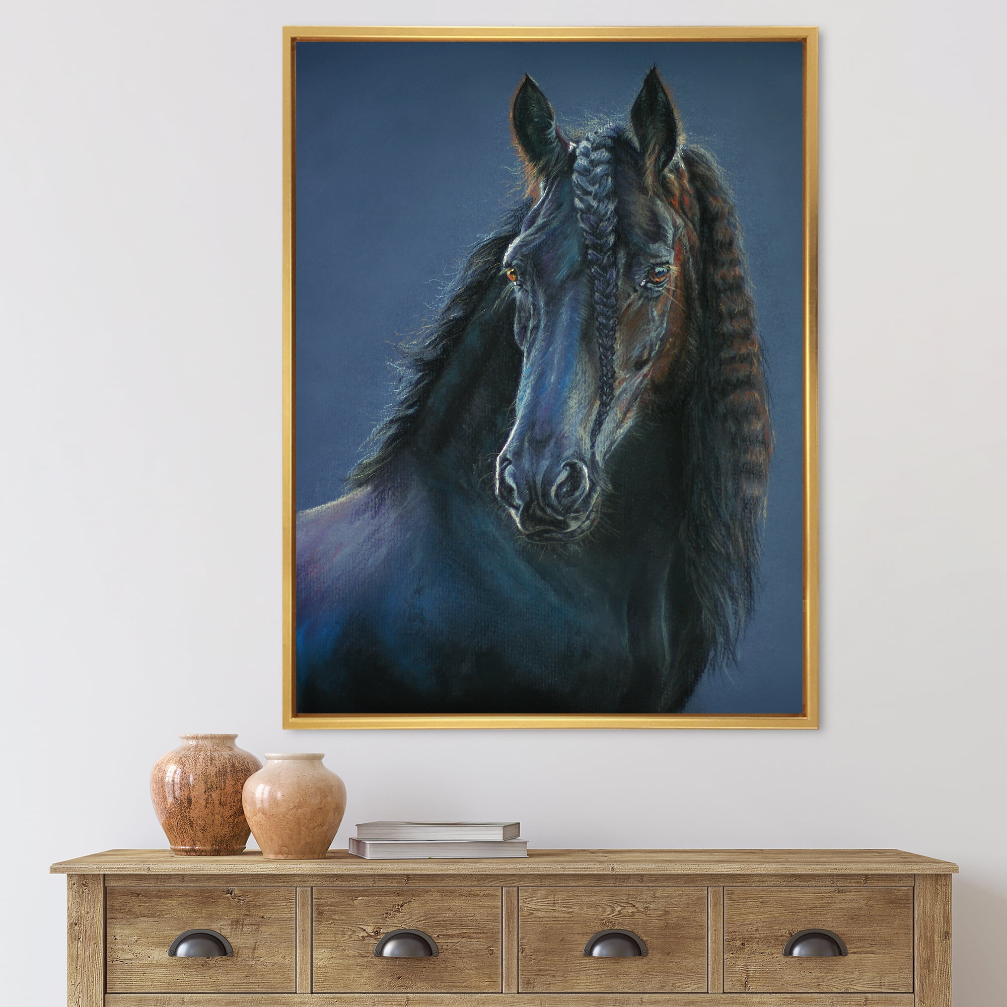 Designart 'Frisian Black Horse Portrait' Farmhouse Framed Canvas Wall Art Print