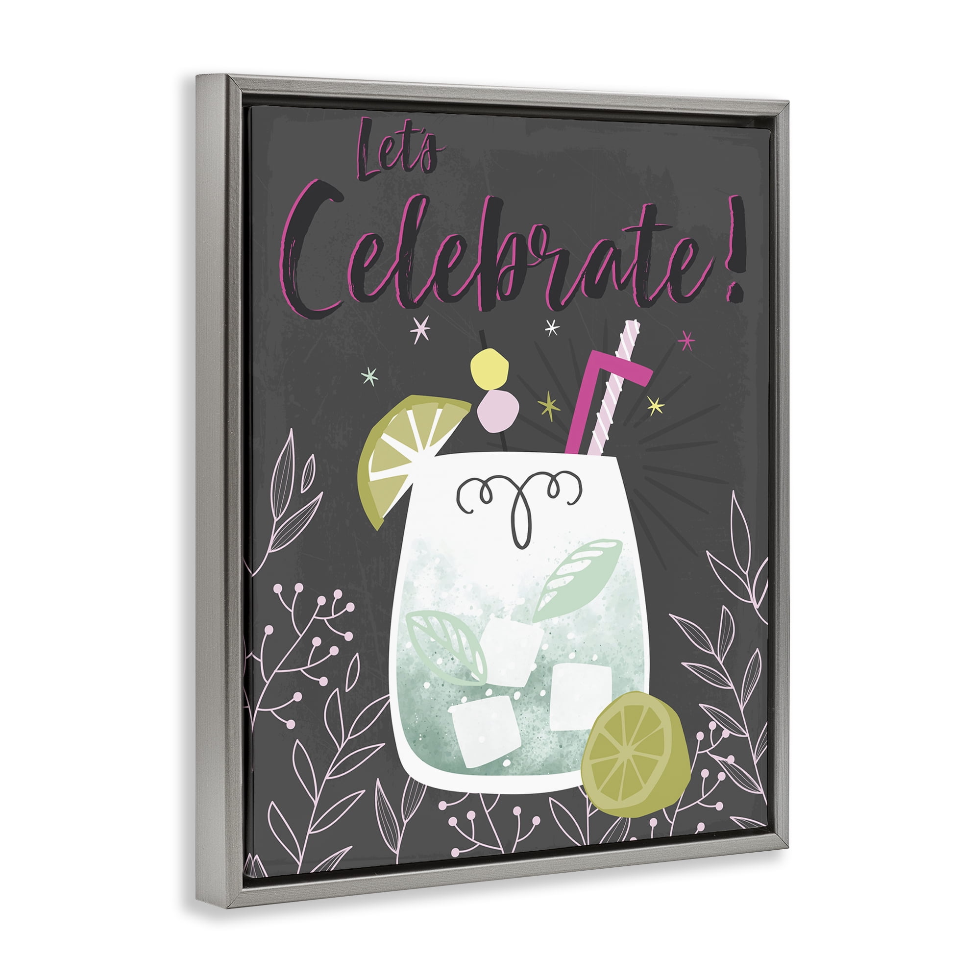 Stupell Industries Let's Celebrate Cocktail Food & Beverage Painting Gray Floater Framed Canvas Art Print Wall Art, 25 x 31