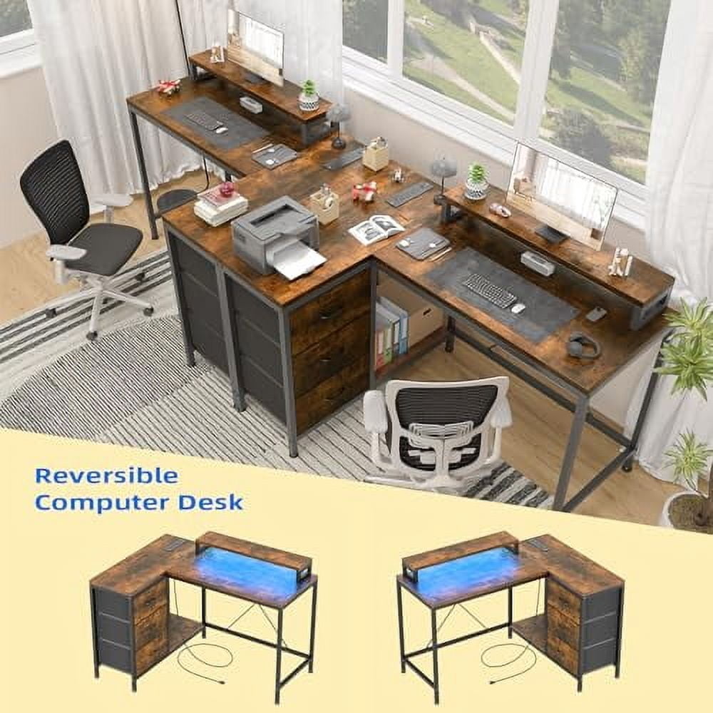 Roromall L Shaped Desk with Power Outlets & LED Lights, Computer Desk with Drawers & Shelves, Corner Desk Gaming Desk Home Office Desk