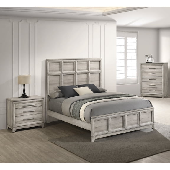 3pc Traditional Tall Headboard Gray Queen Bed Chest Nightstand Set Furniture