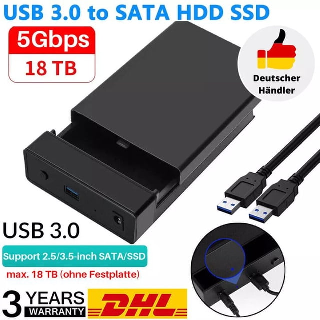 Carcasa externa para disco duro USB 3.0 compatible con discos duros SSD/HDD SATA3 de 2,5 y 3,5 pulgadas.