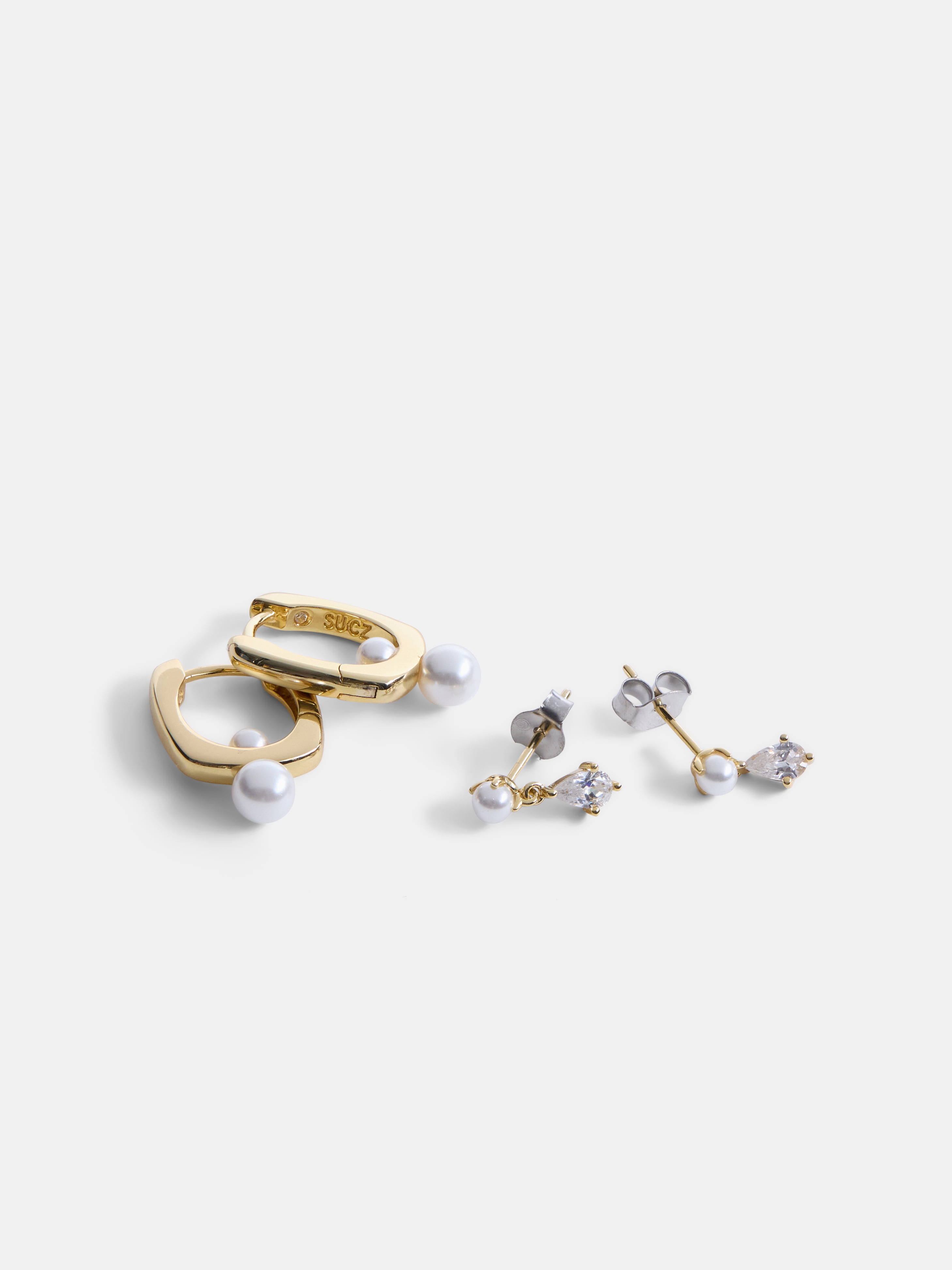 Free Assembly Women's Demi Fine 14K Gold Plated Cubic Zirconia and Simulated Pearl Earring Set, 2-Pair