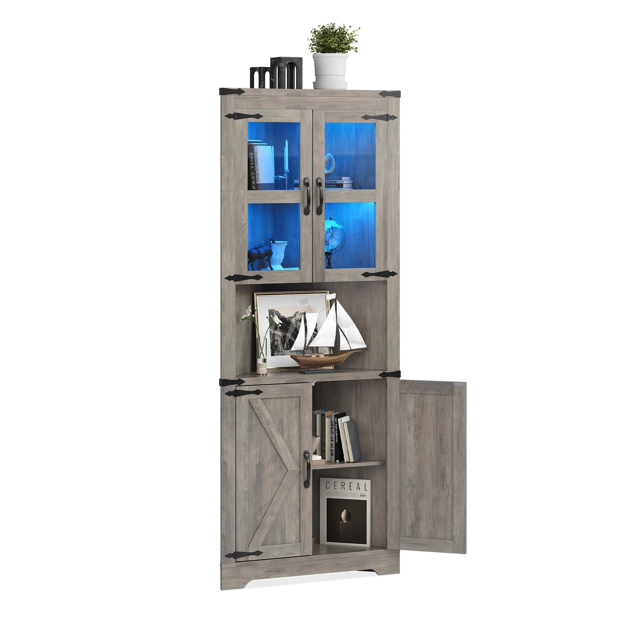 Corner Storage Cabinet with Glass Doors, Double-Door Corner Cabinet, Corner Cabinet with Shelves, Corner Cabinet with Light Strips-gray