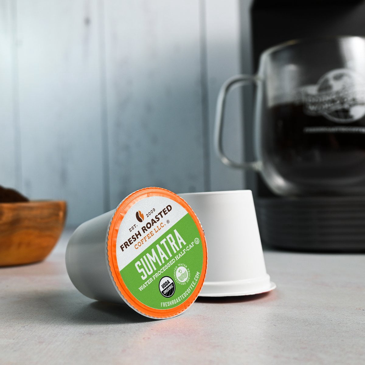 Fresh Roasted Coffee, Organic Sumatra Water-Processed Half Caf, Medium Roast, K-cup Compatible, 72 Count