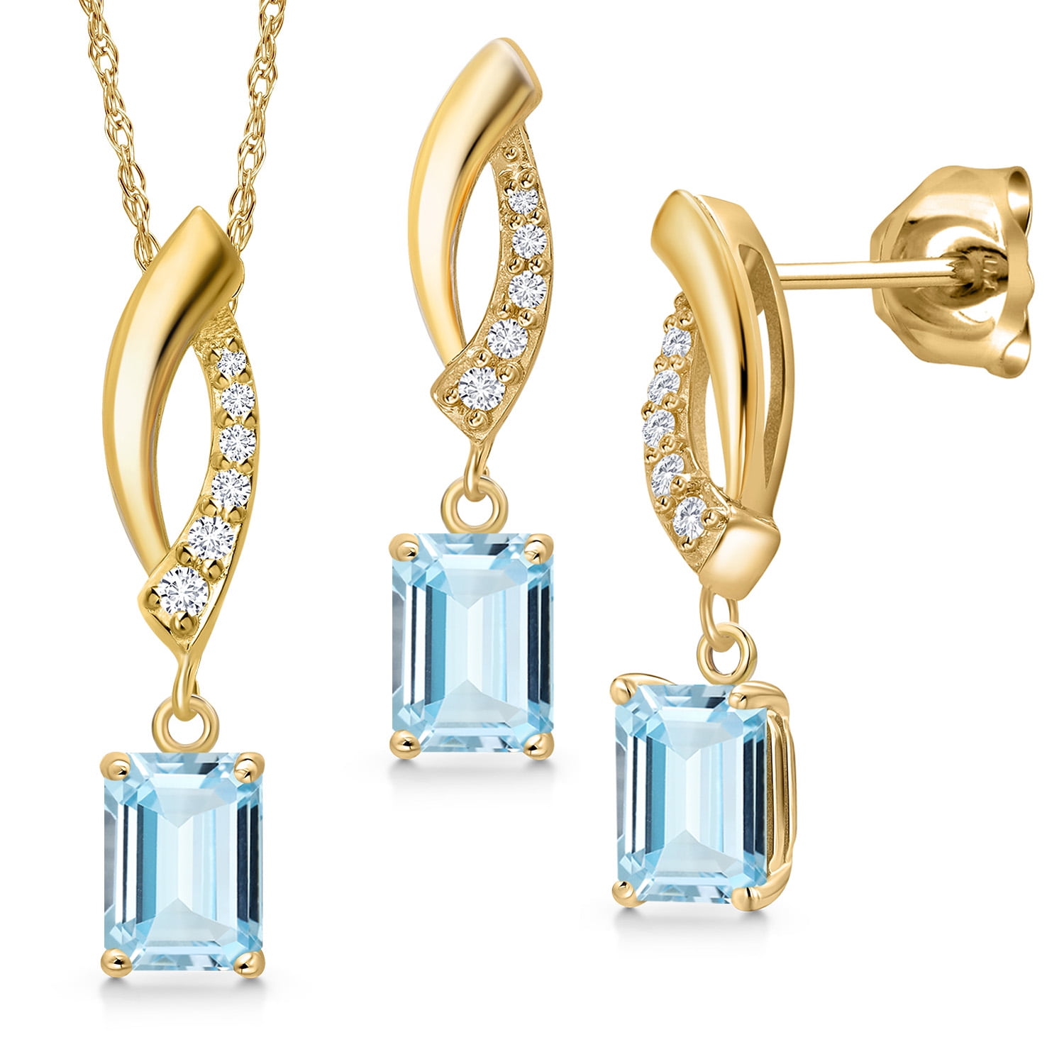 Gem Stone King 10K Yellow Gold Sky Blue Aquamarine and Lab Grown Diamond Pendant Earrings Jewelry Set for Women | 1.66 Cttw | Gemstone March Birthstone | Emerald Cut 6X4MM | with 18 inch Chain