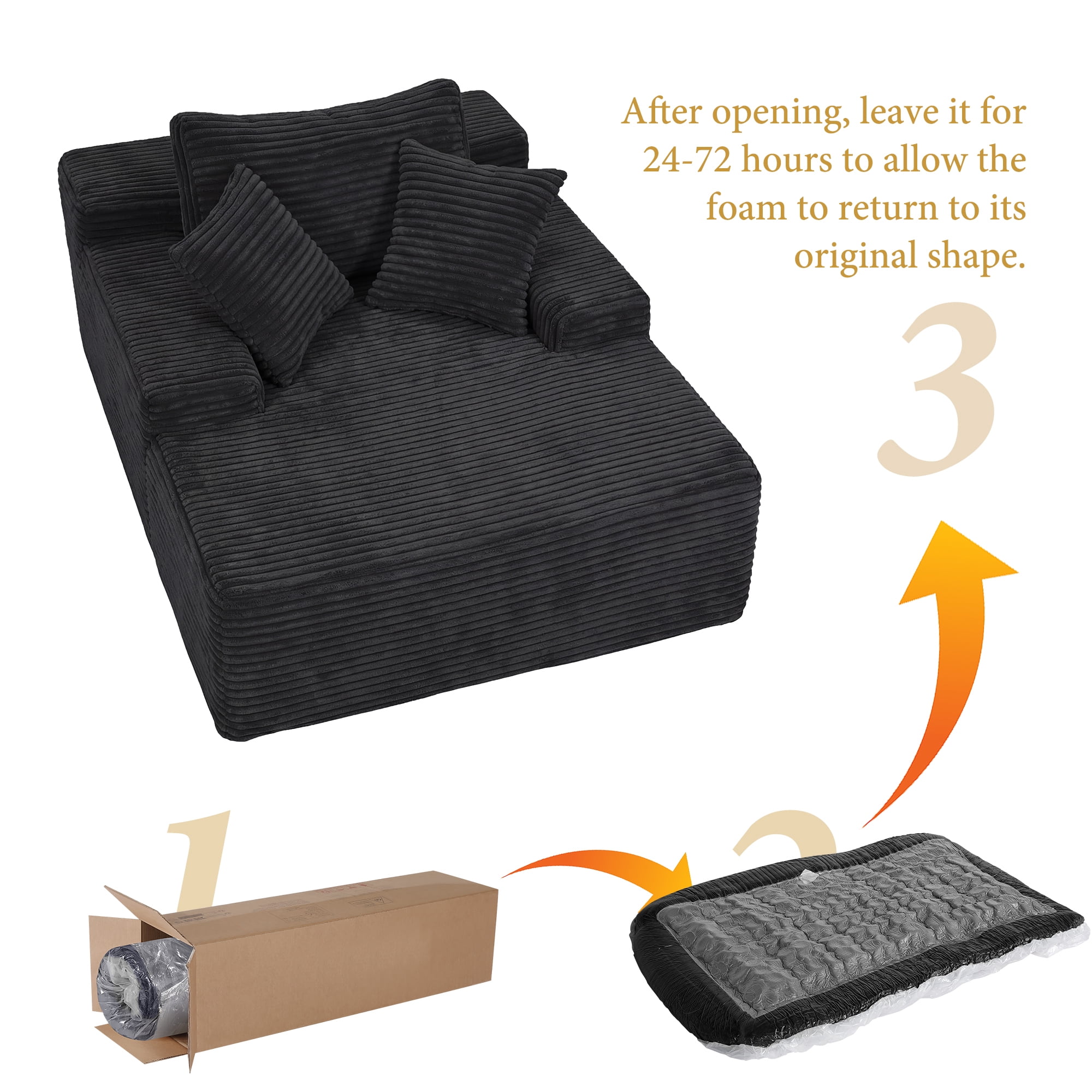 67" Corduroy Boneless Chaise Sofa for Living Room, 9.9'' Wide Armrest Lounge Chair, Indoor Oversized Sleeper Sofa, Deep Seat, 3 Soft Pillows Sofa Bed, No Assembly Required, Black