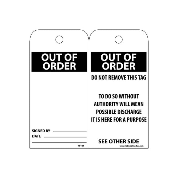 National Marker Accident Prevention Tags; Out Of Order 6X3 Unrip Vinyl 25/Pk RPT24