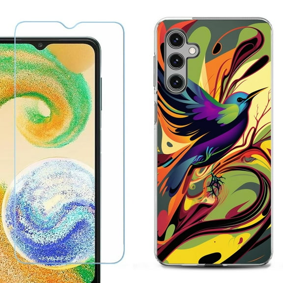 Shockproof Fashion Phone Case for Samsung Galaxy A14 5G, with Tempered Glass Screen Protector, by OneToughShield ® - Abstract Bird