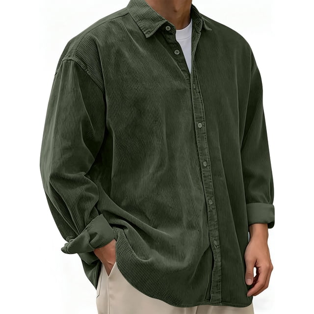pstuiky mangas largas para hombre, Camisa informal de pana de color liso con cuello abotonado y manga larga para hombre Tops de talla grande para hombre m