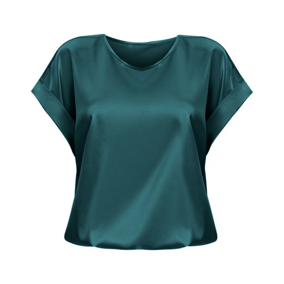 Dressy Tops for Women Short Sleeve Satin Loose Round Neck Blouse Top Gray L