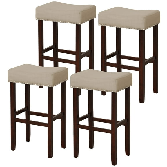 Gymax Set of 4 Bar Stools Bar Height Saddle Kitchen Chairs w/ Wooden Legs Beige