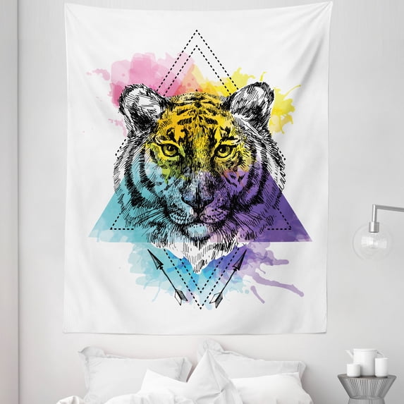 Psychedelic Cat Tapestry, Rainbow Colored Illustrated Tiger Face in Geometrical Shapes with Arrows, Fabric Wall Hanging Decor for Bedroom Living Room Dorm, 5 Sizes, Multicolor, by Ambesonne
