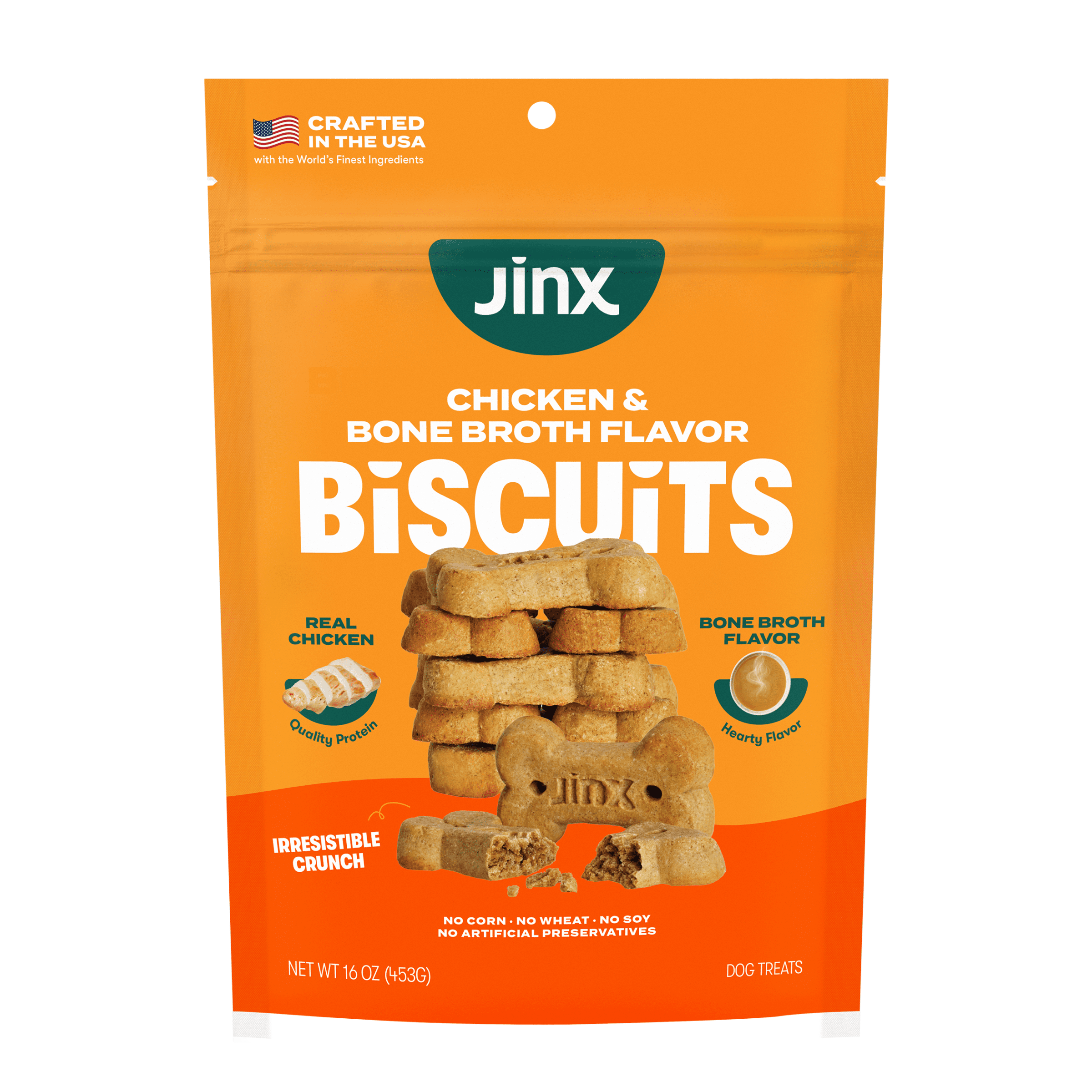 (4 pack) Jinx Chicken Bone Broth Biscuits, Crunchy Dry Dog Treats, 16 oz Bag